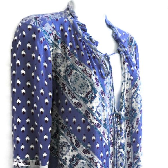 Free People Tunic Top Blue Purple Geo Floral Long Bell Sleeves Ruffle Collar S - Picture 7 of 9